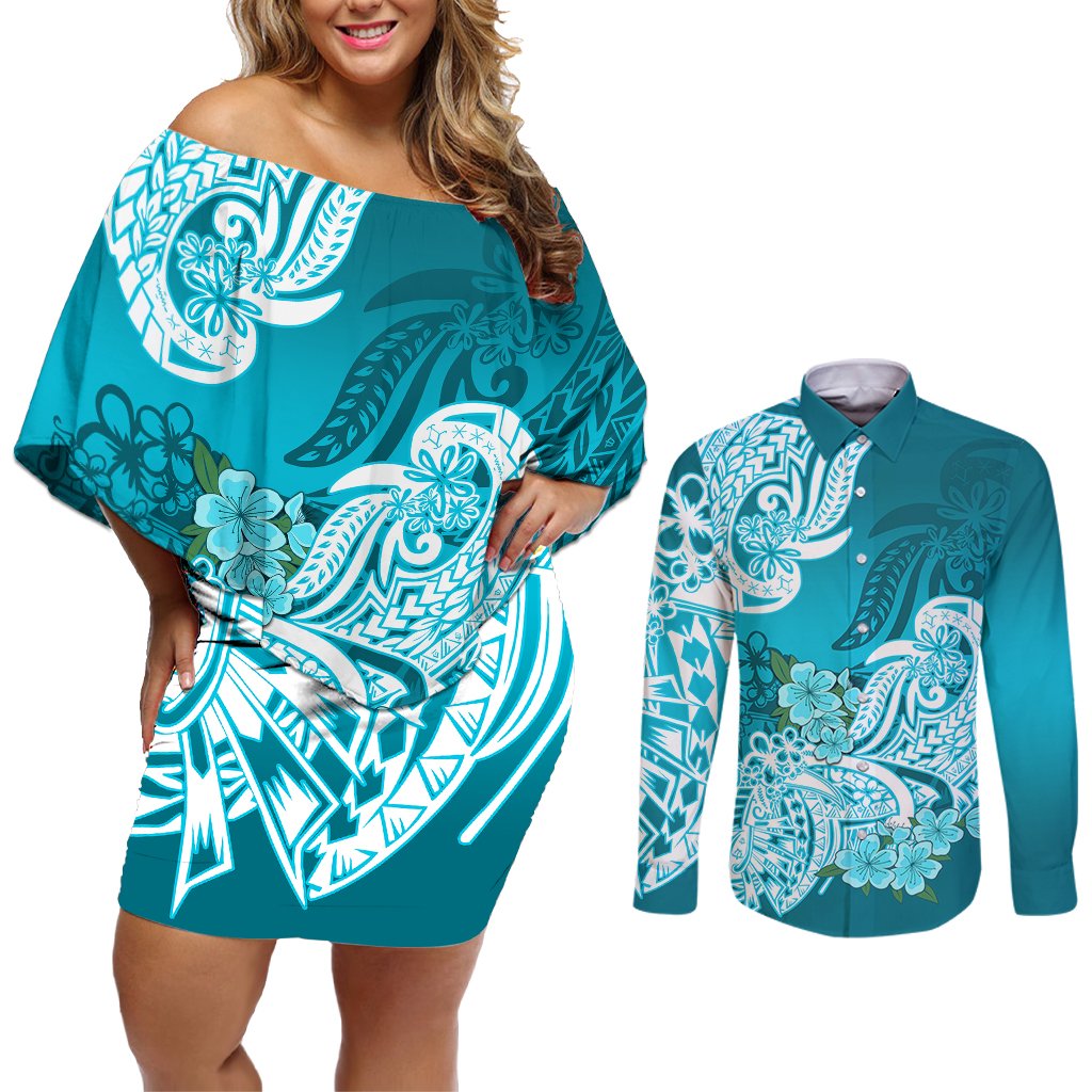 Polynesian Couples Matching Off Shoulder Short Dress and Long Sleeve Button Shirts Pacific Flower Mix Floral Tribal Tattoo Aqua Vibe LT9 Aqua - Polynesian Pride