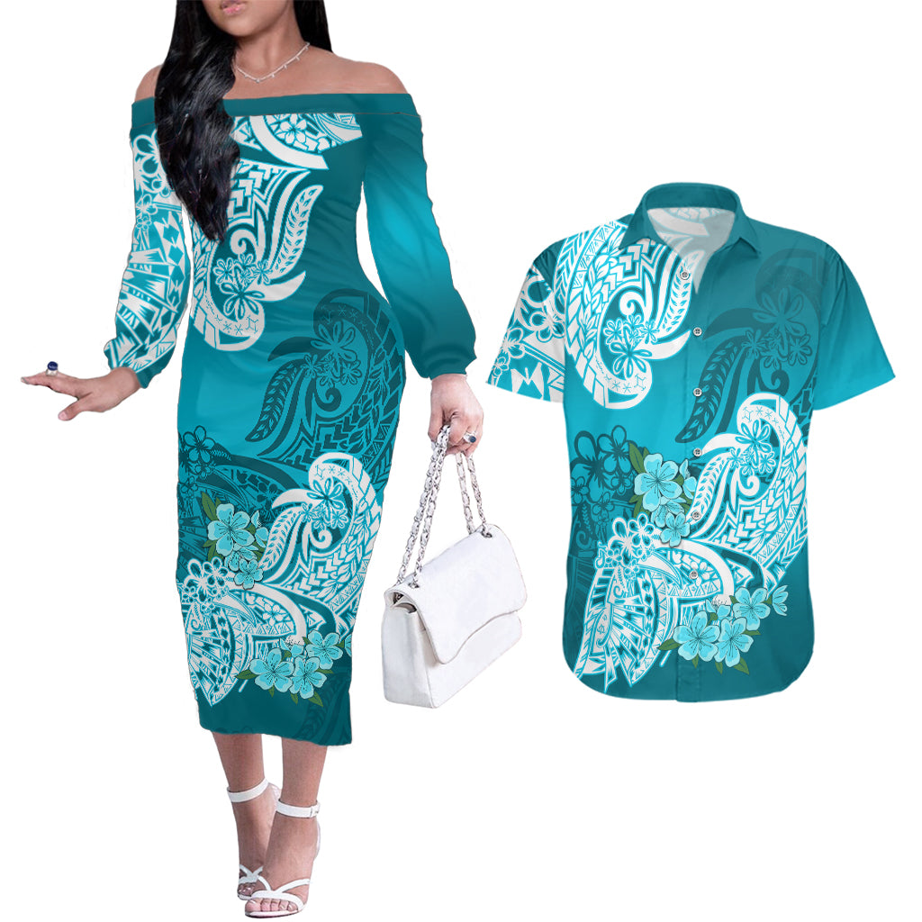 Polynesian Couples Matching Off The Shoulder Long Sleeve Dress and Hawaiian Shirt Pacific Flower Mix Floral Tribal Tattoo Aqua Vibe LT9 Aqua - Polynesian Pride