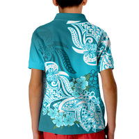 Polynesian Kid Polo Shirt Pacific Flower Mix Floral Tribal Tattoo Aqua Vibe LT9 - Polynesian Pride