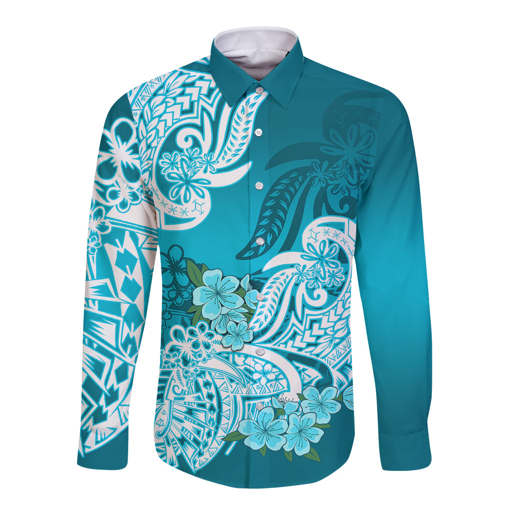 Polynesian Long Sleeve Button Shirt Pacific Flower Mix Floral Tribal Tattoo Aqua Vibe LT9 Unisex Aqua - Polynesian Pride