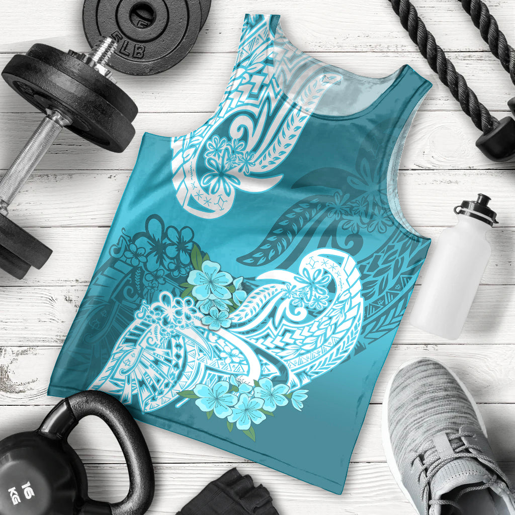 Polynesian Men Tank Top Pacific Flower Mix Floral Tribal Tattoo Aqua Vibe LT9 Aqua - Polynesian Pride