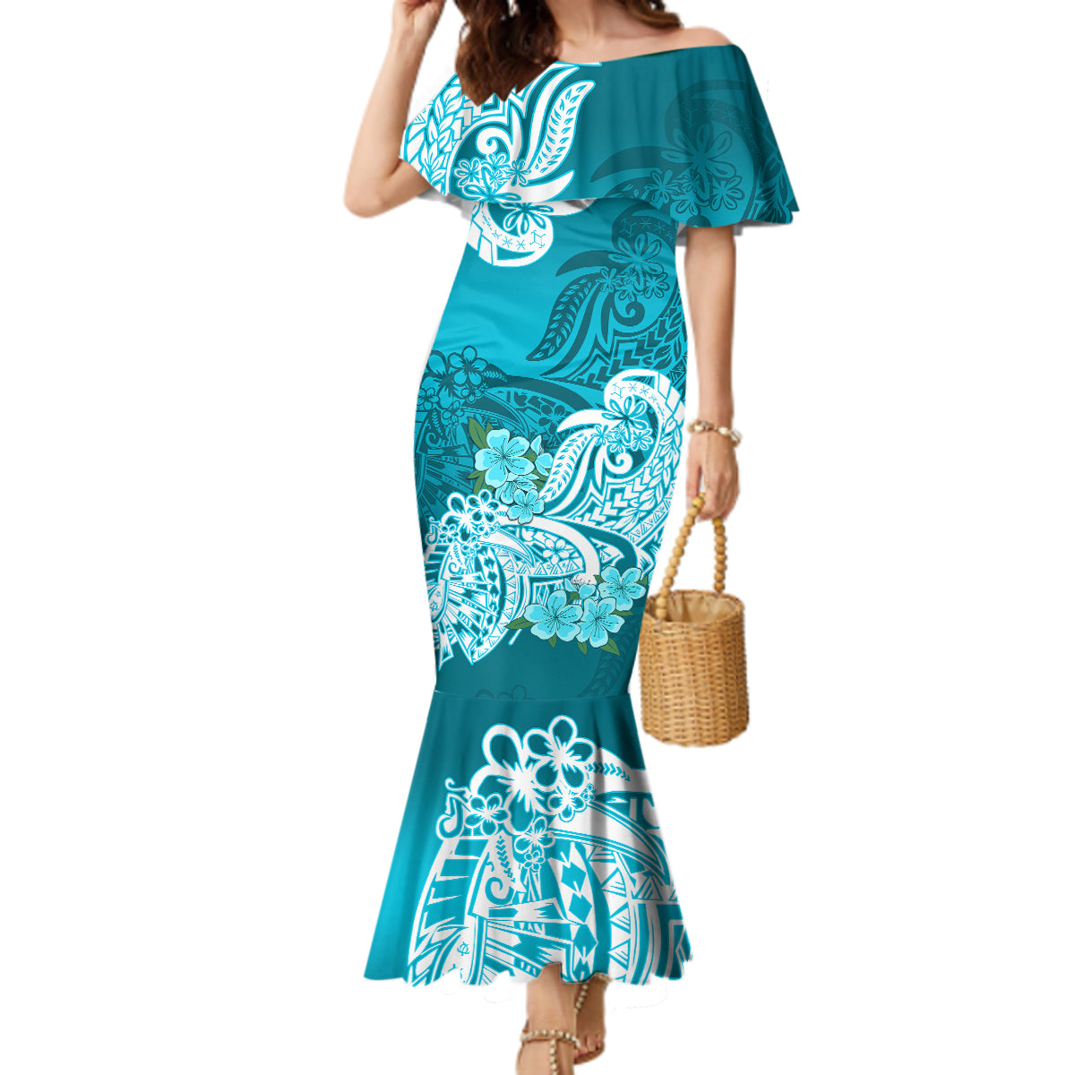 Polynesian Mermaid Dress Pacific Flower Mix Floral Tribal Tattoo Aqua Vibe LT9 Women Aqua - Polynesian Pride