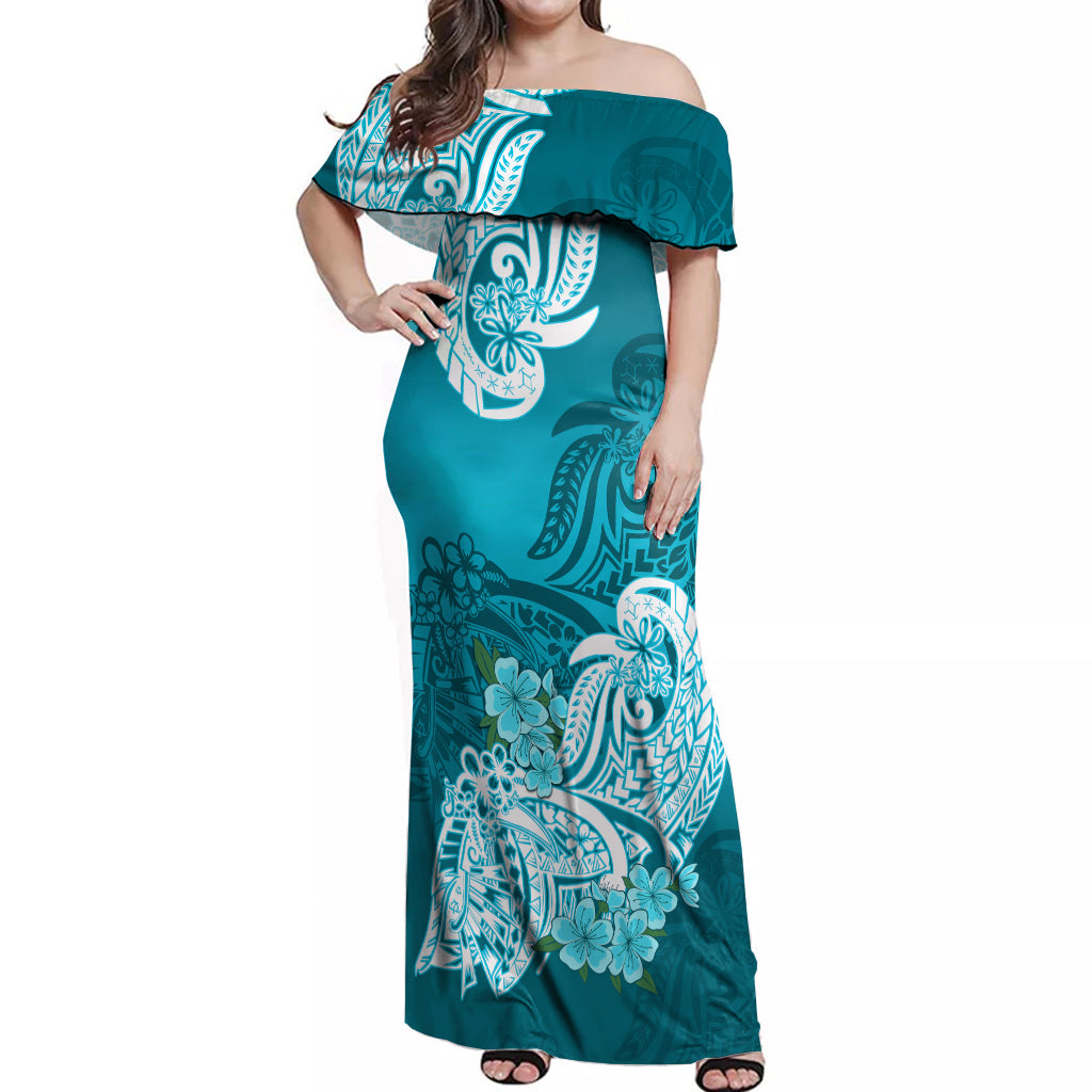 Polynesian Off Shoulder Maxi Dress Pacific Flower Mix Floral Tribal Tattoo Aqua Vibe LT9 Women Aqua - Polynesian Pride