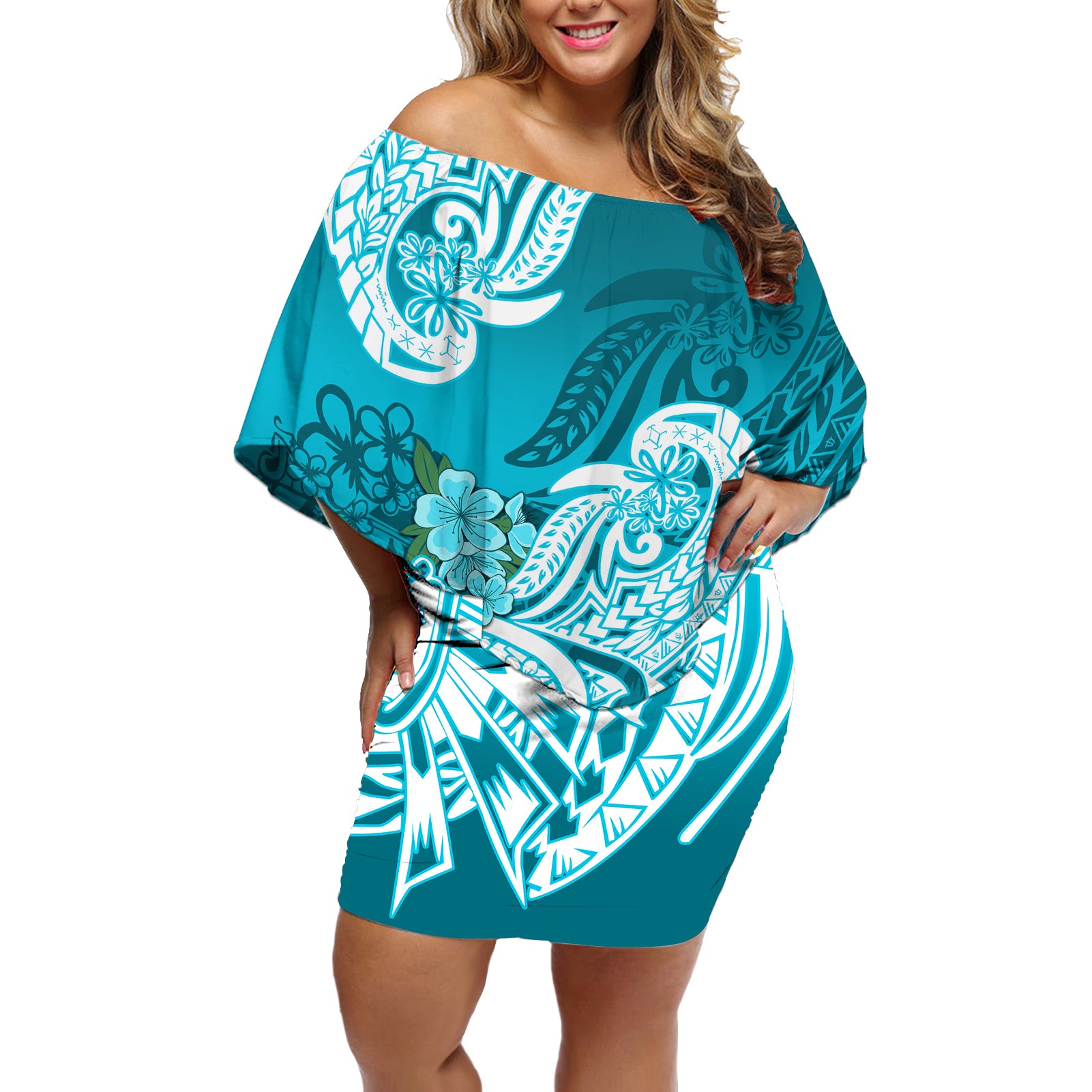 Polynesian Off Shoulder Short Dress Pacific Flower Mix Floral Tribal Tattoo Aqua Vibe LT9 Women Aqua - Polynesian Pride