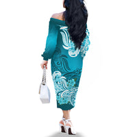 Polynesian Off The Shoulder Long Sleeve Dress Pacific Flower Mix Floral Tribal Tattoo Aqua Vibe LT9 - Polynesian Pride