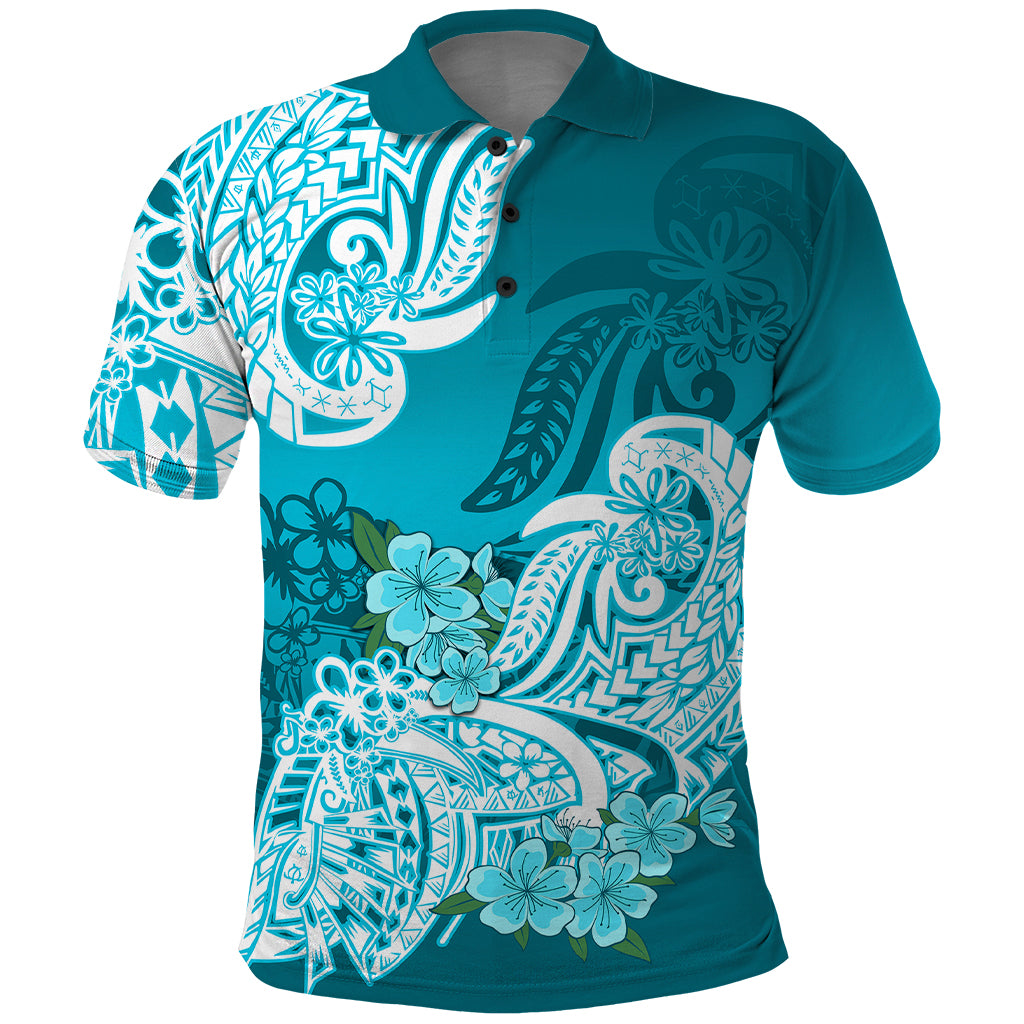 Polynesian Polo Shirt Pacific Flower Mix Floral Tribal Tattoo Aqua Vibe LT9 Aqua - Polynesian Pride