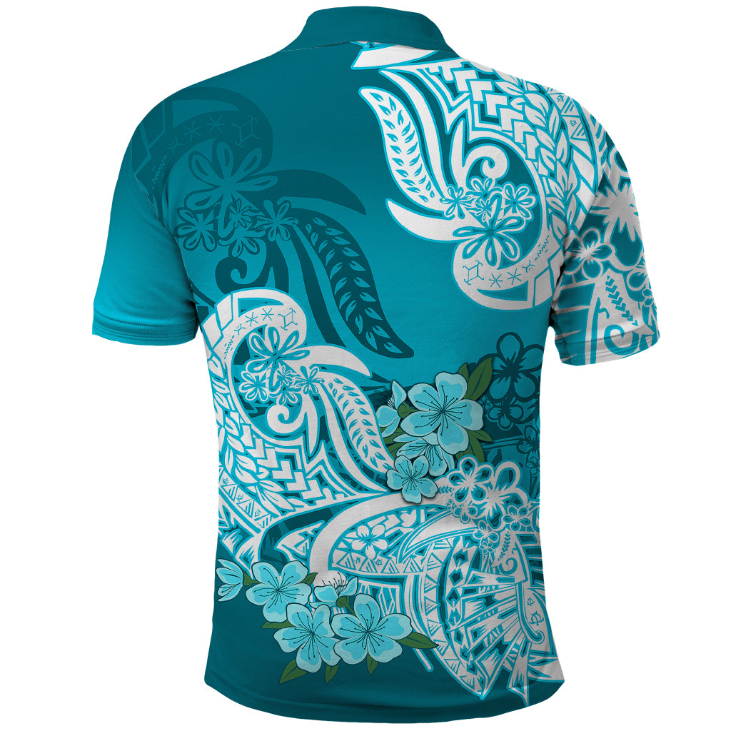 Polynesian Polo Shirt Pacific Flower Mix Floral Tribal Tattoo Aqua Vibe LT9 - Polynesian Pride
