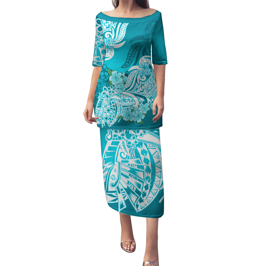 Polynesian Puletasi Pacific Flower Mix Floral Tribal Tattoo Aqua Vibe LT9 Long Dress Aqua - Polynesian Pride