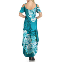 Polynesian Summer Maxi Dress Pacific Flower Mix Floral Tribal Tattoo Aqua Vibe LT9 - Polynesian Pride