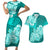 Polynesian Couples Matching Short Sleeve Bodycon Dress and Hawaiian Shirt Pacific Flower Mix Floral Tribal Tattoo Turquoise Vibe LT9 Turquoise - Polynesian Pride