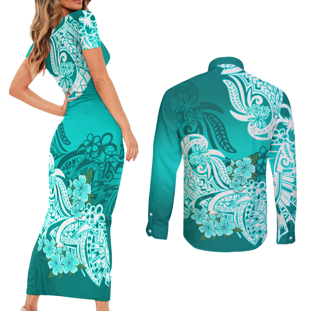 Polynesian Couples Matching Short Sleeve Bodycon Dress and Long Sleeve Button Shirts Pacific Flower Mix Floral Tribal Tattoo Turquoise Vibe LT9 - Polynesian Pride