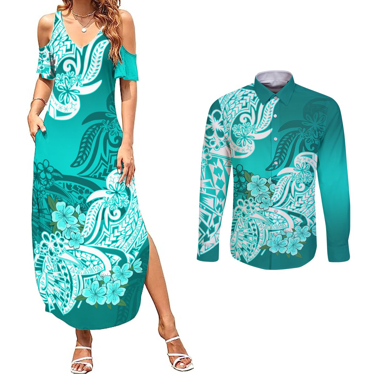 Polynesian Couples Matching Summer Maxi Dress and Long Sleeve Button Shirts Pacific Flower Mix Floral Tribal Tattoo Turquoise Vibe LT9 Turquoise - Polynesian Pride