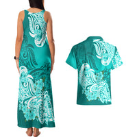 Polynesian Couples Matching Tank Maxi Dress And Hawaiian Shirt Pacific Flower Mix Floral Tribal Tattoo Turquoise Vibe LT9 - Polynesian Pride