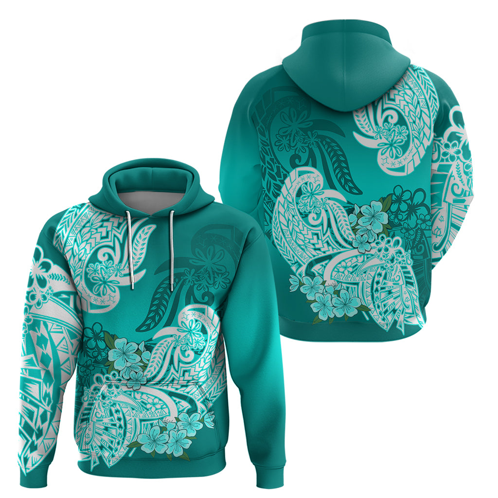 Polynesian Hoodie Pacific Flower Mix Floral Tribal Tattoo Turquoise Vibe LT9 - Polynesian Pride