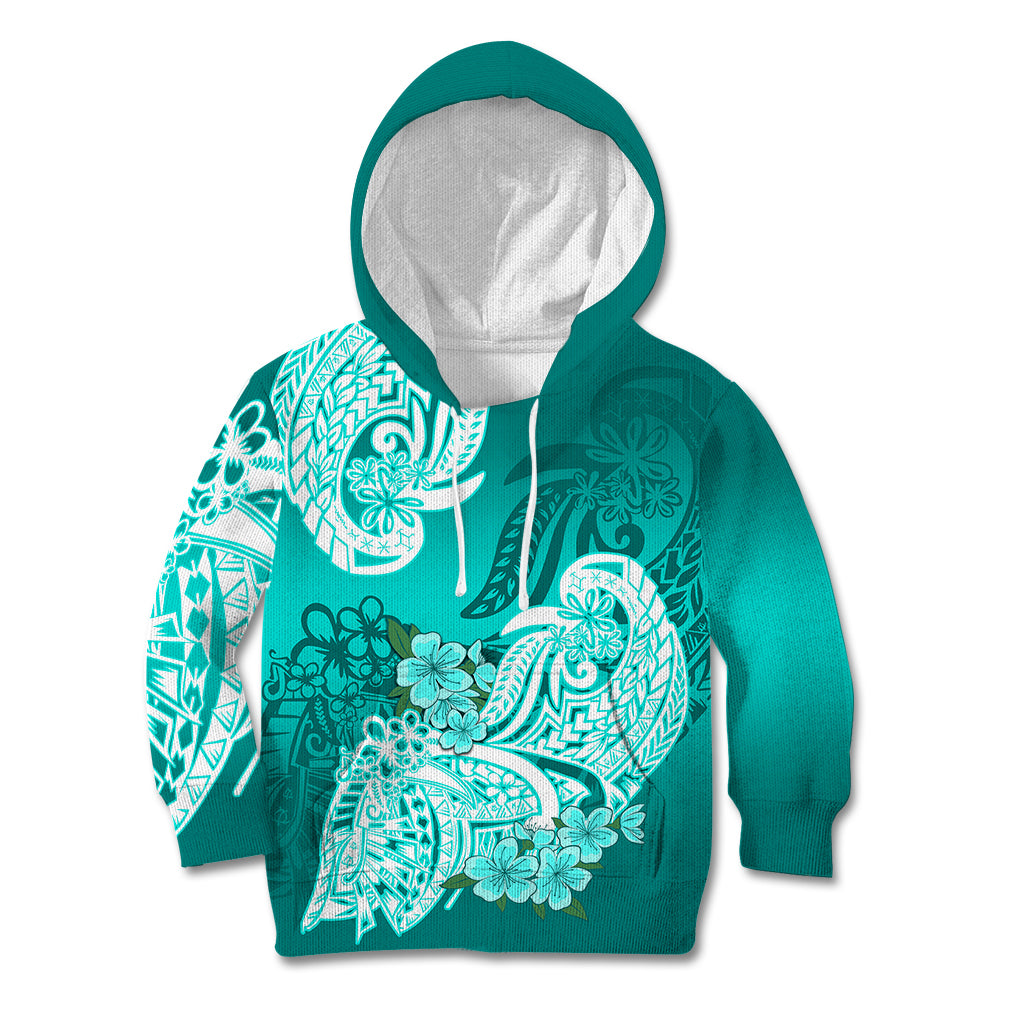 Polynesian Kid Hoodie Pacific Flower Mix Floral Tribal Tattoo Turquoise Vibe LT9 Hoodie Turquoise - Polynesian Pride