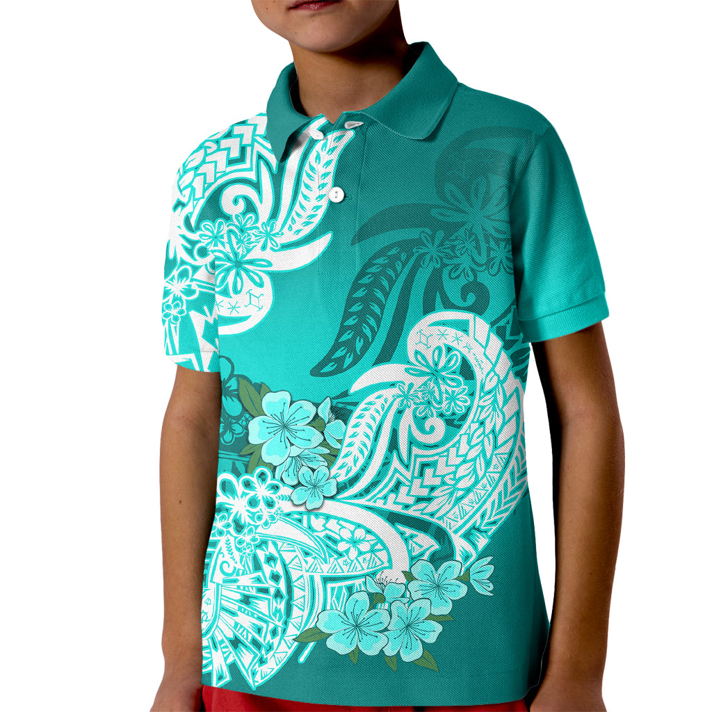 Polynesian Kid Polo Shirt Pacific Flower Mix Floral Tribal Tattoo Turquoise Vibe LT9 Kid Turquoise - Polynesian Pride