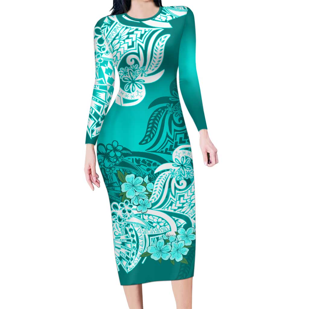 Polynesian Floral Tribal Long Sleeves Dress Turquoise LT9 Women Turquoise - Polynesian Pride