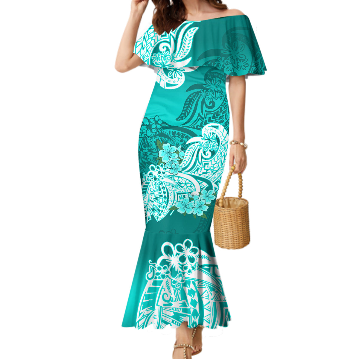 Polynesian Mermaid Dress Pacific Flower Mix Floral Tribal Tattoo Turquoise Vibe LT9 Women Turquoise - Polynesian Pride