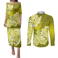 Polynesian Couples Matching Puletasi Dress and Long Sleeve Button Shirts Pacific Flower Mix Floral Tribal Tattoo Yellow Vibe LT9 Yellow - Polynesian Pride