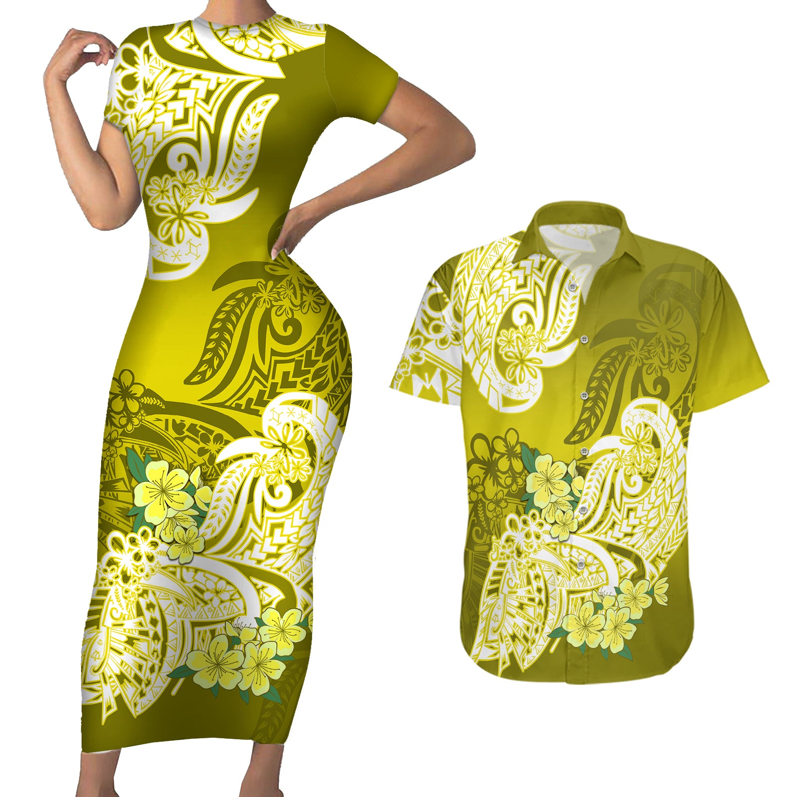 Polynesian Couples Matching Short Sleeve Bodycon Dress and Hawaiian Shirt Pacific Flower Mix Floral Tribal Tattoo Yellow Vibe LT9 Yellow - Polynesian Pride