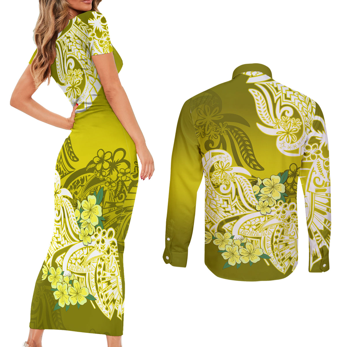 Polynesian Couples Matching Short Sleeve Bodycon Dress and Long Sleeve Button Shirts Pacific Flower Mix Floral Tribal Tattoo Yellow Vibe LT9 - Polynesian Pride