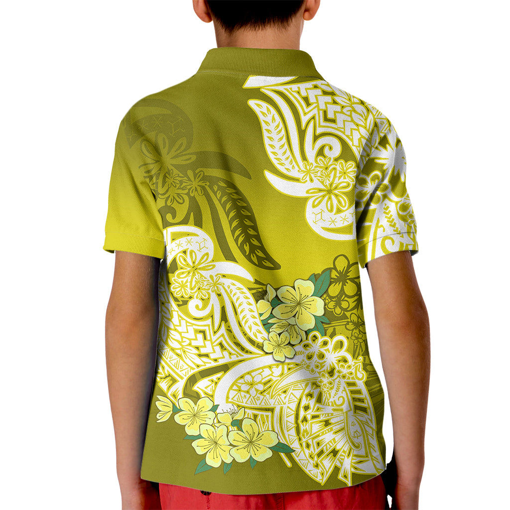 Polynesian Kid Polo Shirt Pacific Flower Mix Floral Tribal Tattoo Yellow Vibe LT9 - Polynesian Pride