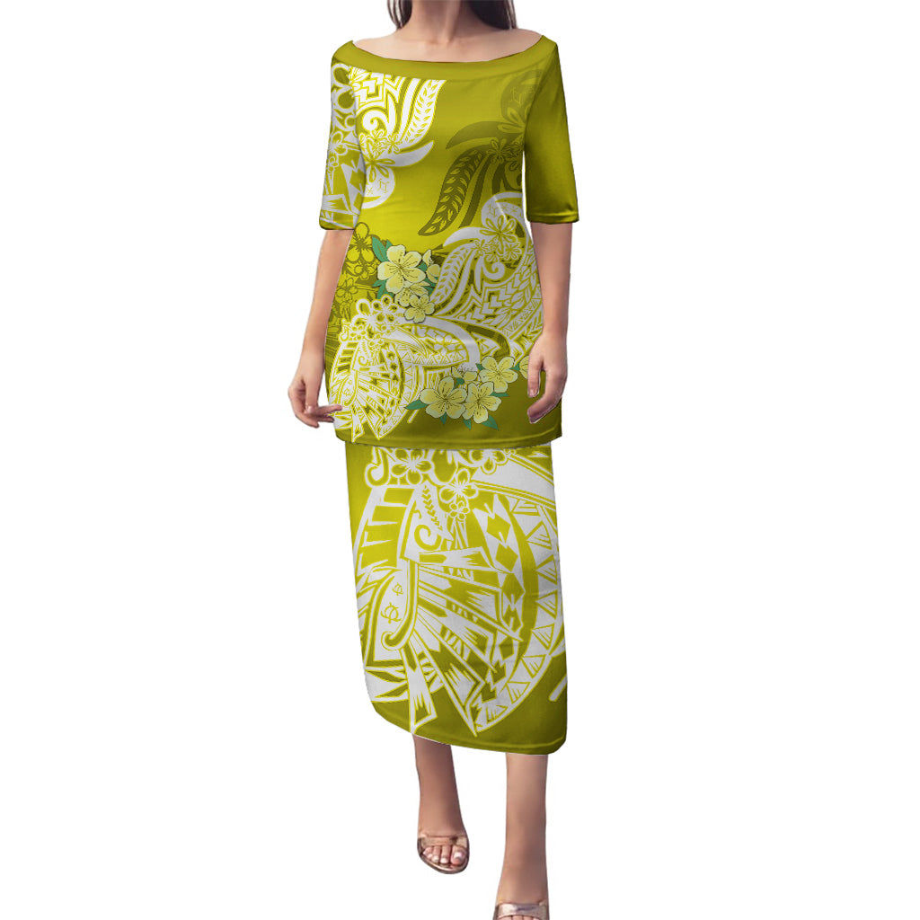 Polynesian Puletasi Pacific Flower Mix Floral Tribal Tattoo Yellow Vibe LT9 Long Dress Yellow - Polynesian Pride