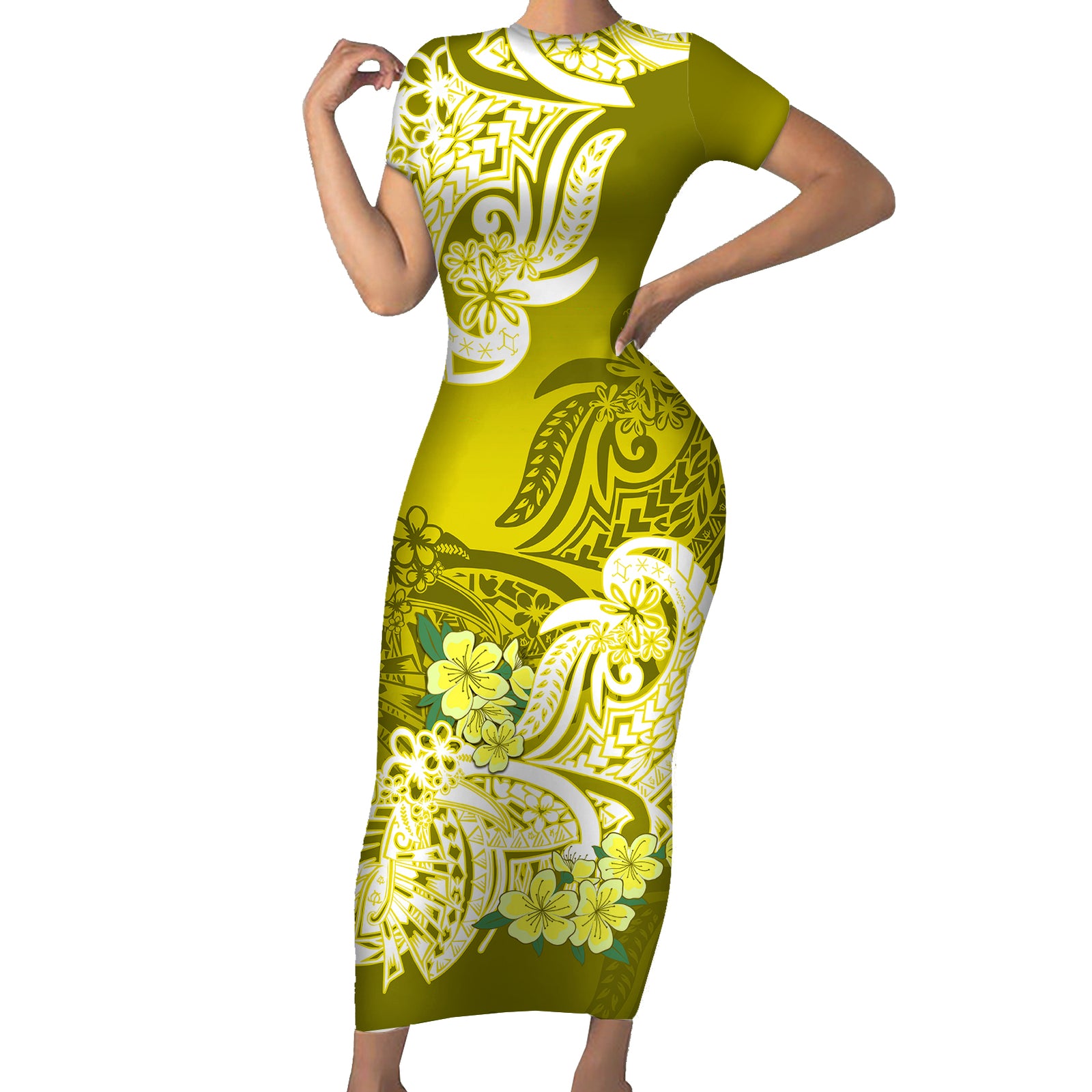 Polynesian Short Sleeve Bodycon Dress Pacific Flower Mix Floral Tribal Tattoo Yellow Vibe LT9 Long Dress Yellow - Polynesian Pride