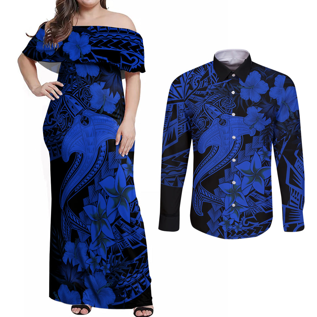 Aloha Hawaii Couples Matching Off Shoulder Maxi Dress and Long Sleeve Button Shirts Hammerhead Shark Tattoo Polynesian Summer - Blue LT9 Blue - Polynesian Pride