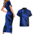 Aloha Hawaii Couples Matching Short Sleeve Bodycon Dress and Hawaiian Shirt Hammerhead Shark Tattoo Polynesian Summer - Blue LT9 - Polynesian Pride