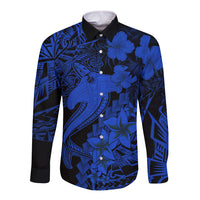 Aloha Hawaii Long Sleeve Button Shirt Hammerhead Shark Tattoo Polynesian Summer - Blue LT9 Unisex Blue - Polynesian Pride