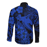 Aloha Hawaii Long Sleeve Button Shirt Hammerhead Shark Tattoo Polynesian Summer - Blue LT9 - Polynesian Pride