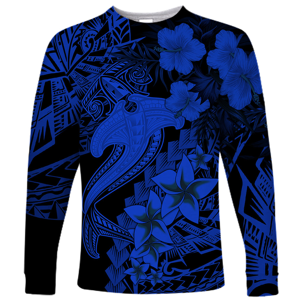 Aloha Hawaii Long Sleeve Shirt Hammerhead Shark Tattoo Polynesian Summer - Blue LT9 Unisex Blue - Polynesian Pride