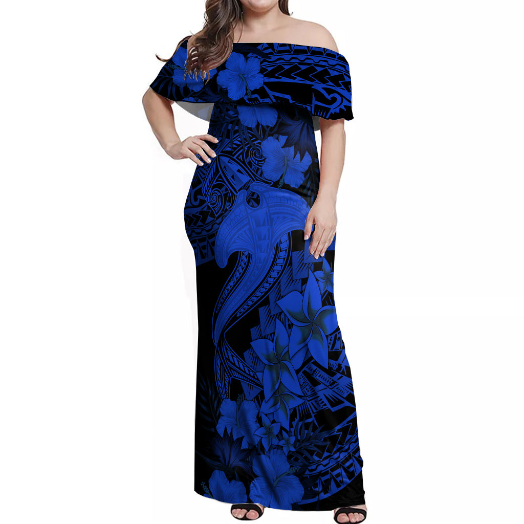 Aloha Hawaii Off Shoulder Maxi Dress Hammerhead Shark Tattoo Polynesian Summer - Blue LT9 Women Blue - Polynesian Pride