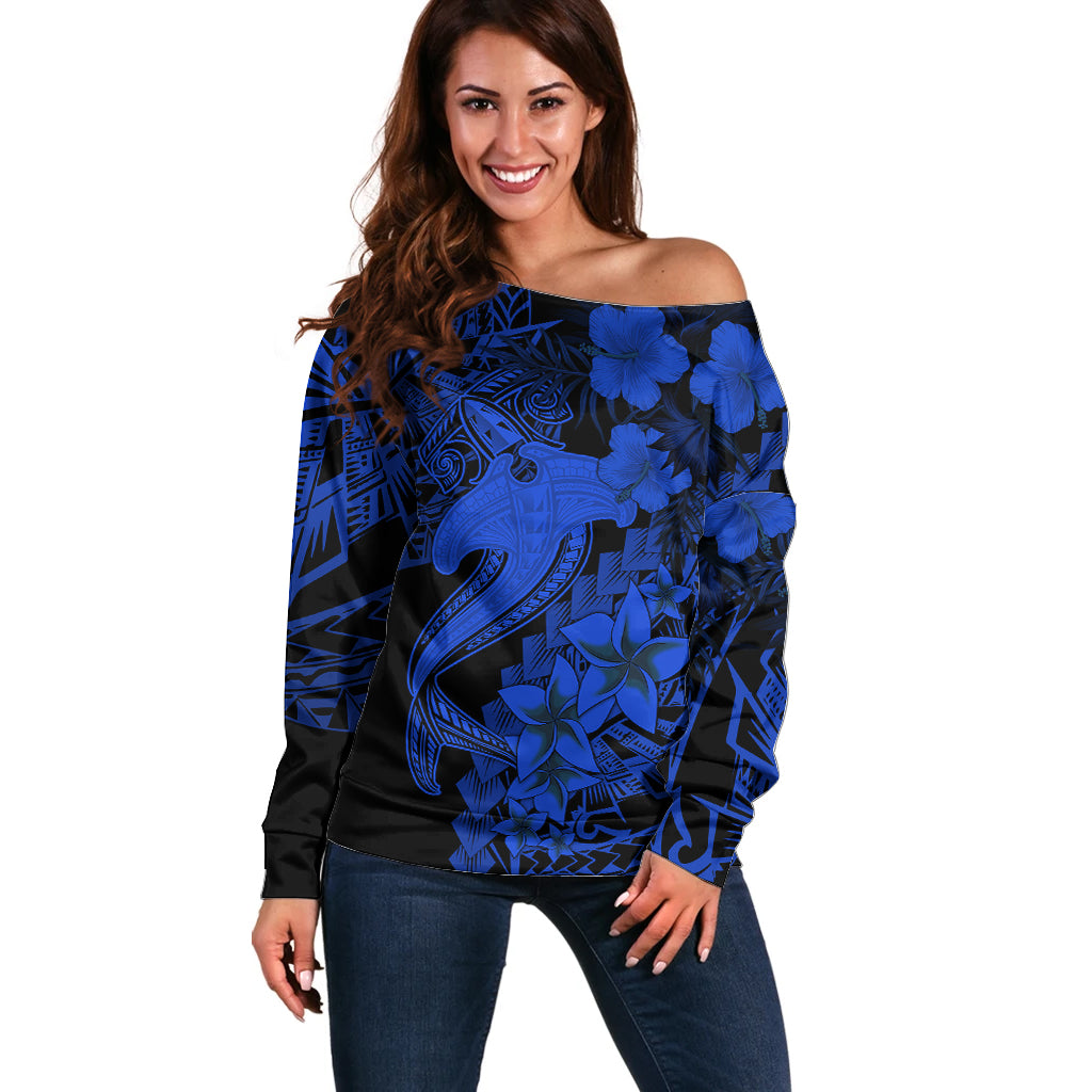 Aloha Hawaii Off Shoulder Sweater Hammerhead Shark Tattoo Polynesian Summer - Blue LT9 Women Blue - Polynesian Pride