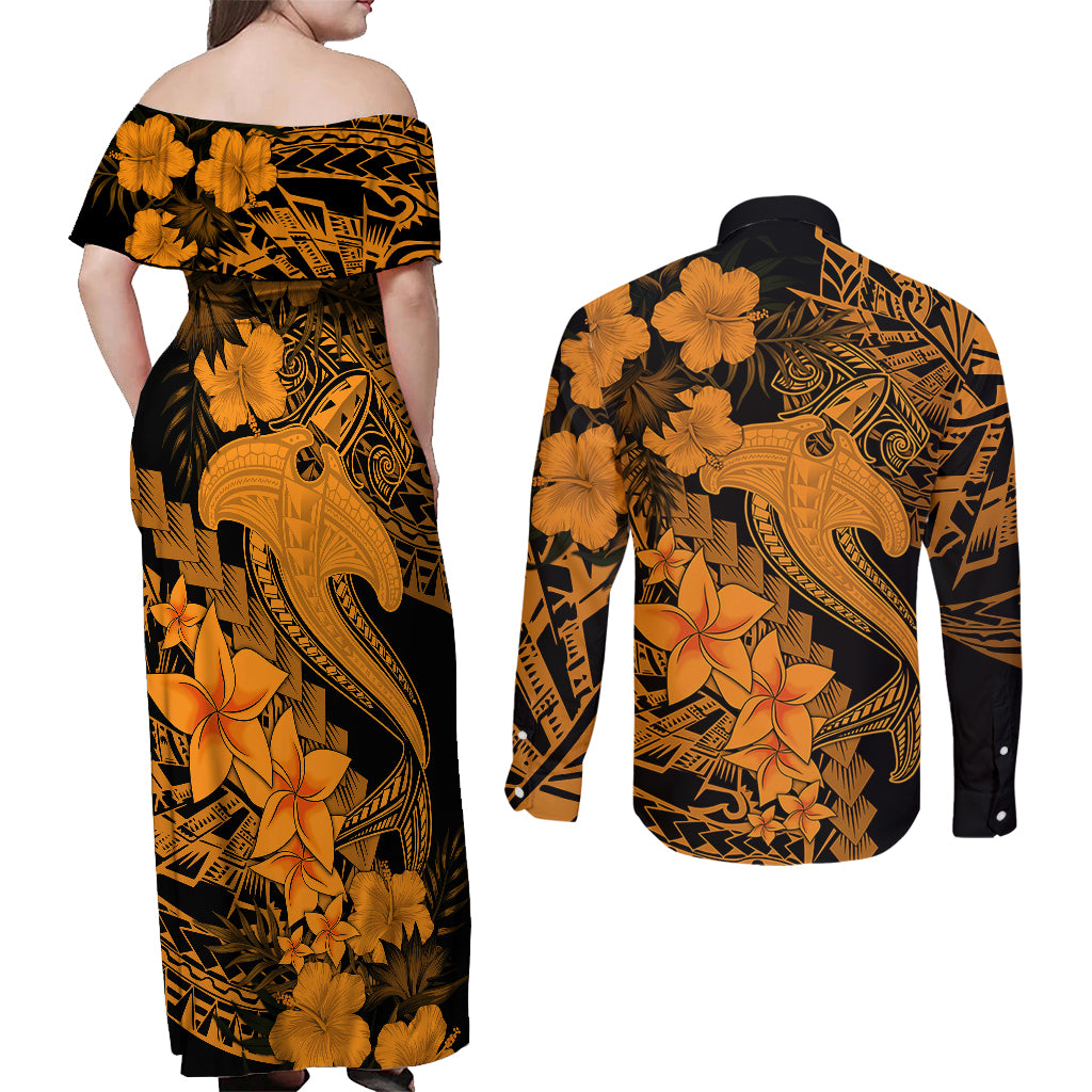 Aloha Hawaii Couples Matching Off Shoulder Maxi Dress and Long Sleeve Button Shirts Hammerhead Shark Tattoo Polynesian Summer - Gold LT9 - Polynesian Pride