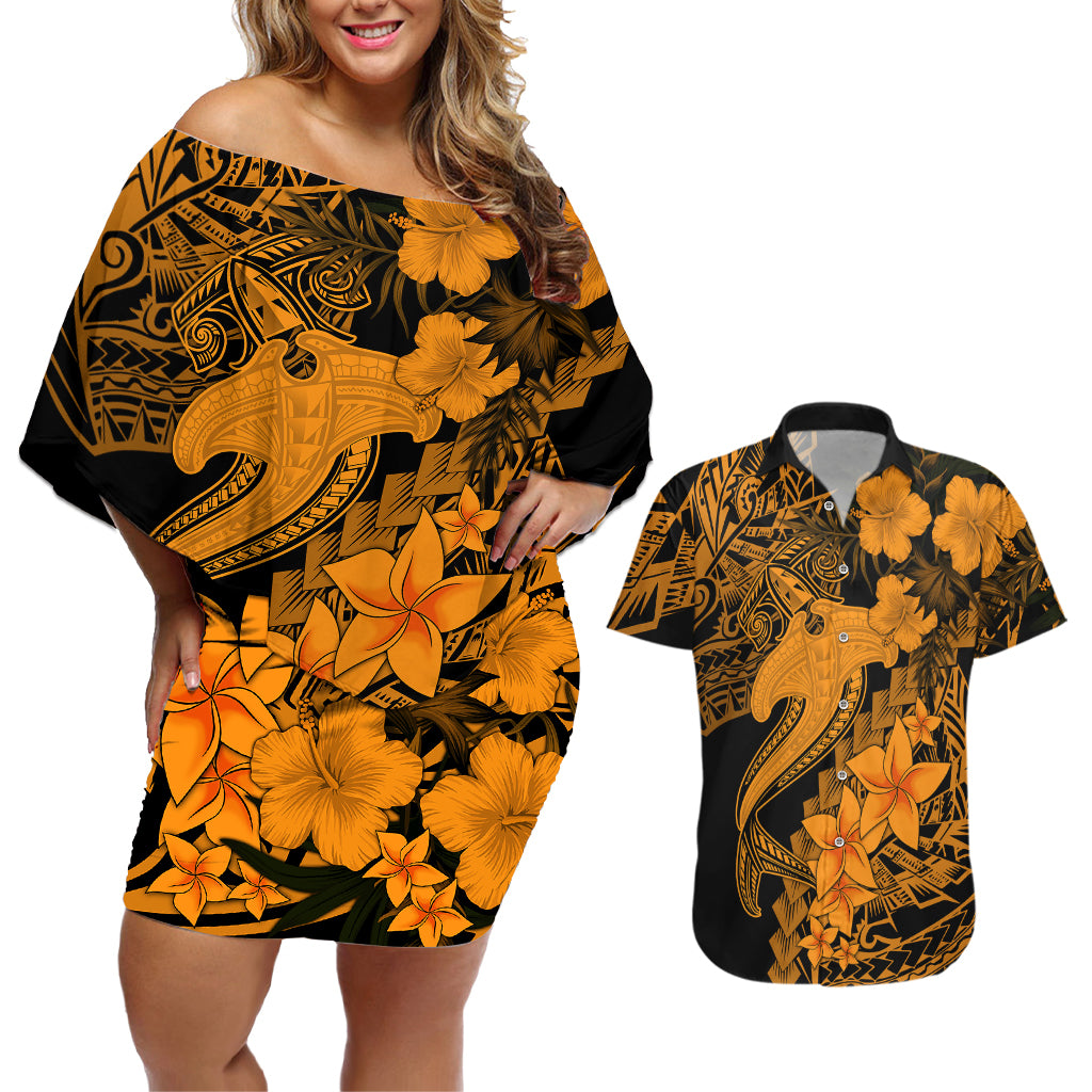 Aloha Hawaii Couples Matching Off Shoulder Short Dress and Hawaiian Shirt Hammerhead Shark Tattoo Polynesian Summer - Gold LT9 Gold - Polynesian Pride
