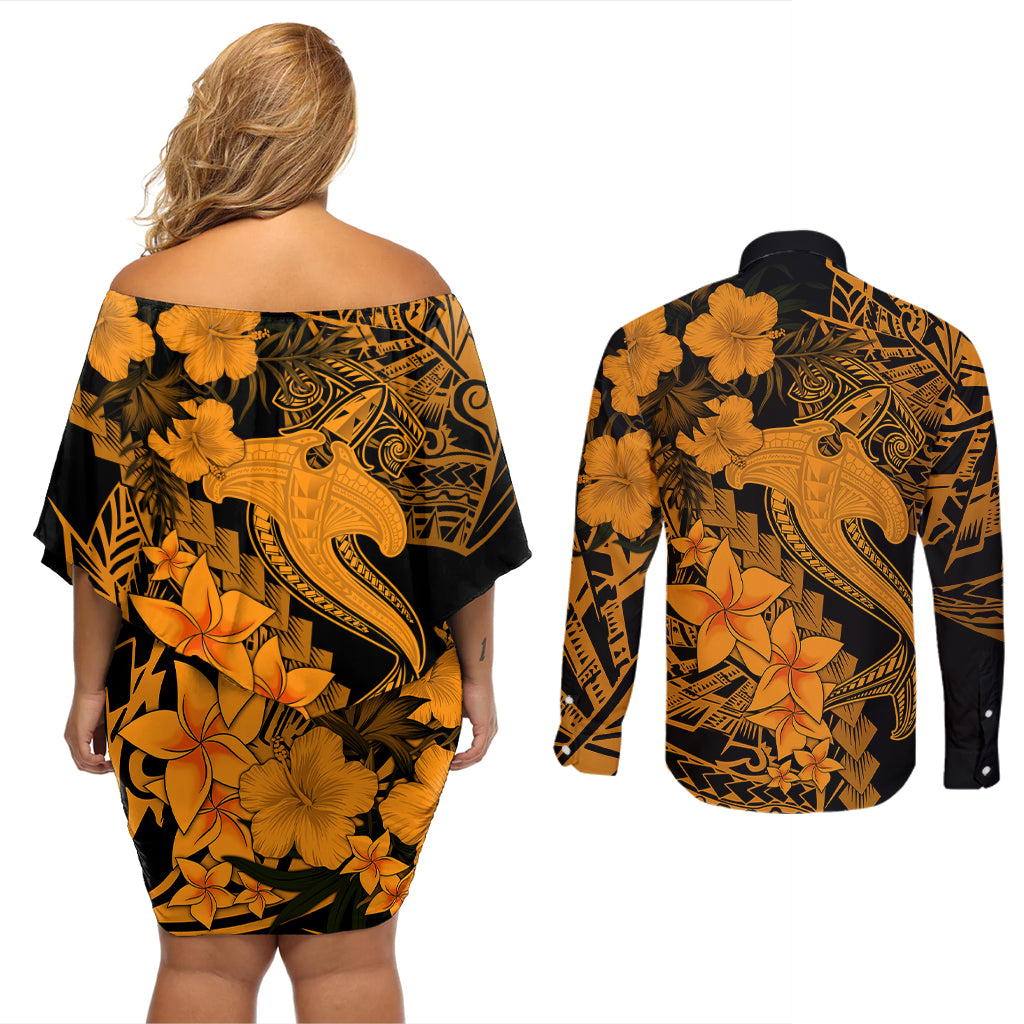 Aloha Hawaii Couples Matching Off Shoulder Short Dress and Long Sleeve Button Shirts Hammerhead Shark Tattoo Polynesian Summer - Gold LT9 - Polynesian Pride