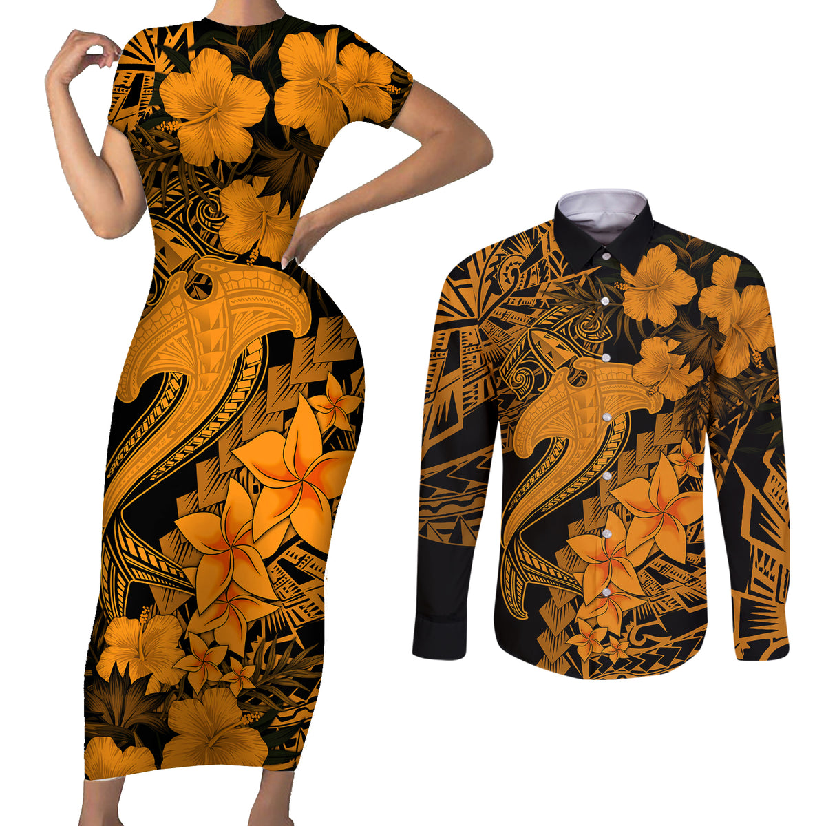 Aloha Hawaii Couples Matching Short Sleeve Bodycon Dress and Long Sleeve Button Shirts Hammerhead Shark Tattoo Polynesian Summer - Gold LT9 Gold - Polynesian Pride