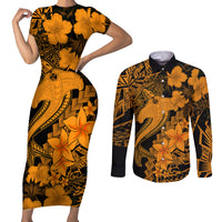 Aloha Hawaii Couples Matching Short Sleeve Bodycon Dress and Long Sleeve Button Shirts Hammerhead Shark Tattoo Polynesian Summer - Gold LT9 Gold - Polynesian Pride