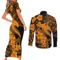 Aloha Hawaii Couples Matching Short Sleeve Bodycon Dress and Long Sleeve Button Shirts Hammerhead Shark Tattoo Polynesian Summer - Gold LT9 - Polynesian Pride