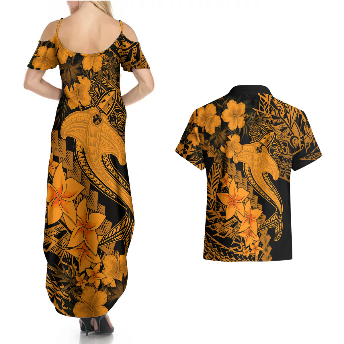 Aloha Hawaii Couples Matching Summer Maxi Dress and Hawaiian Shirt Hammerhead Shark Tattoo Polynesian Summer - Gold LT9 - Polynesian Pride