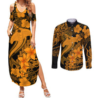 Aloha Hawaii Couples Matching Summer Maxi Dress and Long Sleeve Button Shirts Hammerhead Shark Tattoo Polynesian Summer - Gold LT9 Gold - Polynesian Pride