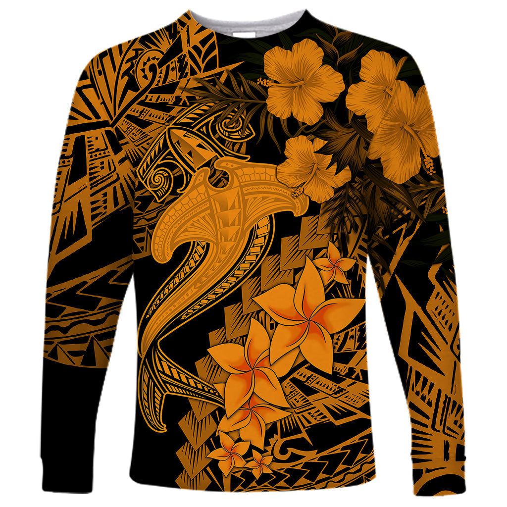 Aloha Hawaii Long Sleeve Shirt Hammerhead Shark Tattoo Polynesian Summer - Gold LT9 Unisex Gold - Polynesian Pride