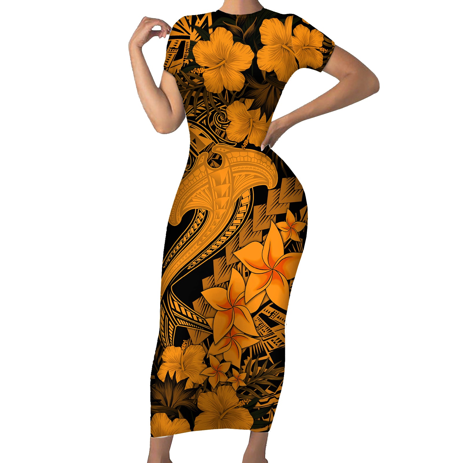 Aloha Hawaii Short Sleeve Bodycon Dress Hammerhead Shark Tattoo Polynesian Summer - Gold LT9 Long Dress Gold - Polynesian Pride