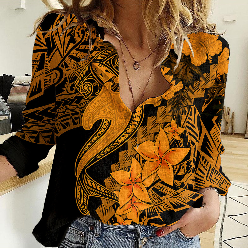 Aloha Hawaii Women Casual Shirt Hammerhead Shark Tattoo Polynesian Summer - Gold LT9 Female Gold - Polynesian Pride