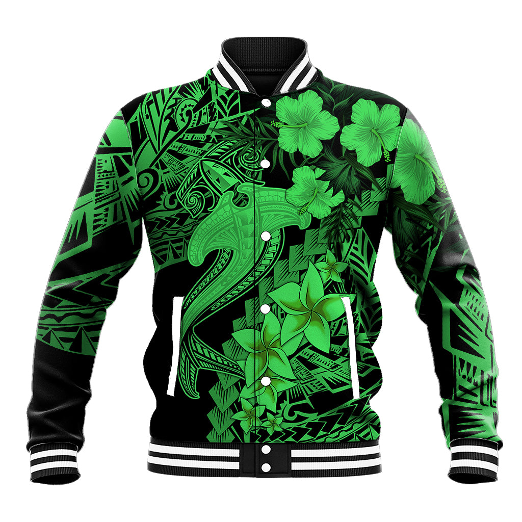 Aloha Hawaii Baseball Jacket Hammerhead Shark Tattoo Polynesian Summer - Green LT9 Unisex Green - Polynesian Pride