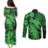 Aloha Hawaii Couples Matching Puletasi Dress and Long Sleeve Button Shirts Hammerhead Shark Tattoo Polynesian Summer - Green LT9 - Polynesian Pride