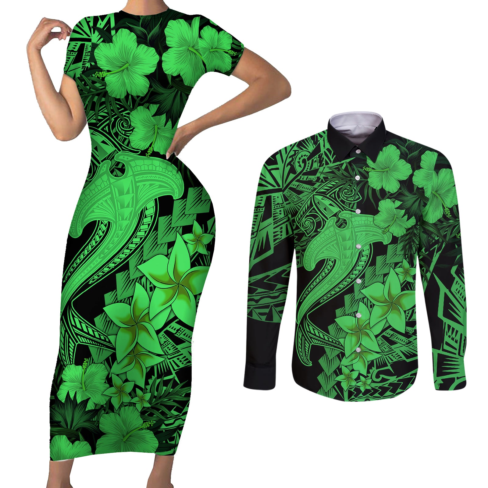 Aloha Hawaii Couples Matching Short Sleeve Bodycon Dress and Long Sleeve Button Shirts Hammerhead Shark Tattoo Polynesian Summer - Green LT9 Green - Polynesian Pride