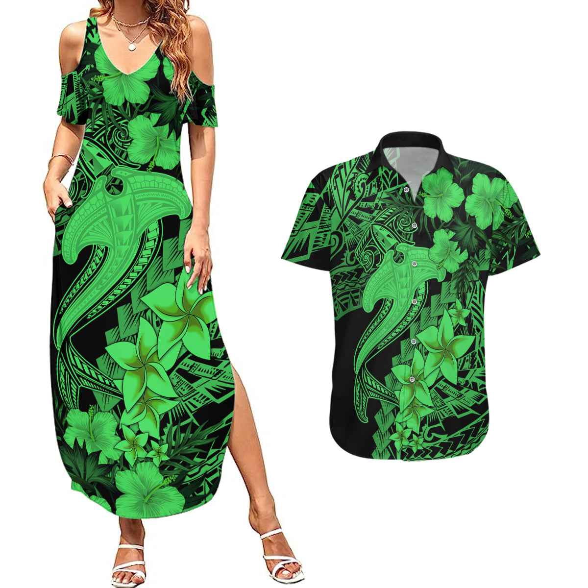 Aloha Hawaii Couples Matching Summer Maxi Dress and Hawaiian Shirt Hammerhead Shark Tattoo Polynesian Summer - Green LT9 Green - Polynesian Pride